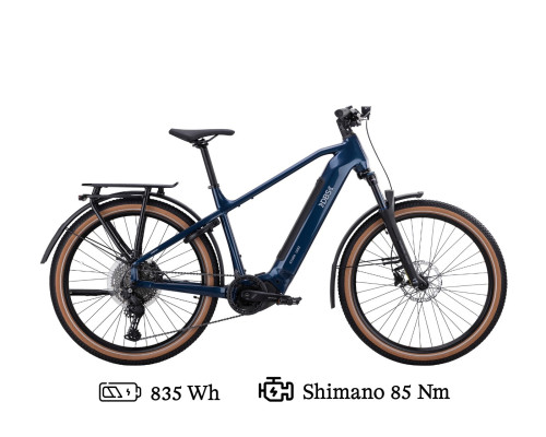 Elsykkel DBS Havørn Q8.1. Blå hybrid/MTB med Shimano 85 Nm motor, FG-godkjent rammelås, bagasjebrett, skjermer, lykt og støtte. 