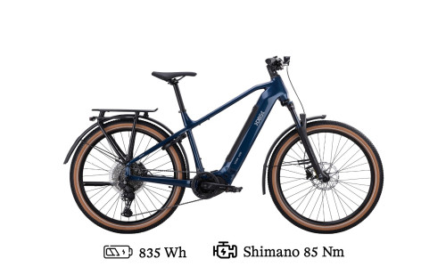 Elsykkel DBS Hav&oslash;rn Q8.1. Bl&aring; hybrid/MTB med Shimano 85 Nm motor, FG-godkjent rammel&aring;s, bagasjebrett, skjermer, lykt og st&oslash;tte. 